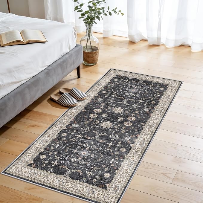 RUUGME 2x4 Entryway Runner Rugs: Non-Slip Washable Small Runners for Kitchen Vintage Low Pile Carpet for Indoor Entrance Hallway Soft Thin Stain Resistant DoorMat for Bathroom Bedroom(Black/Multi,2x4)