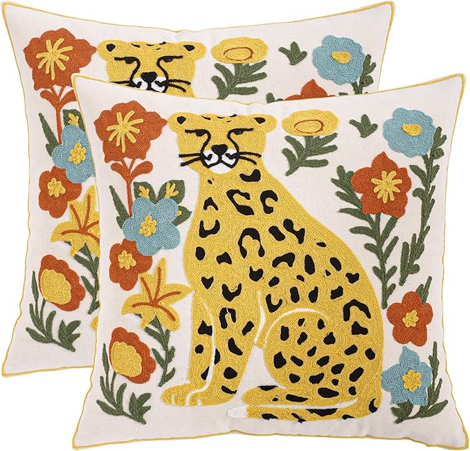 Embroidered Throw Pillow Covers 18x18 Pack of 2 Yellow Leopard Pillow Covers Green Leaves with Floral Pillowcases Boho Pillow Cushion Cases Square Flower Pillowcase Summer Home Decor