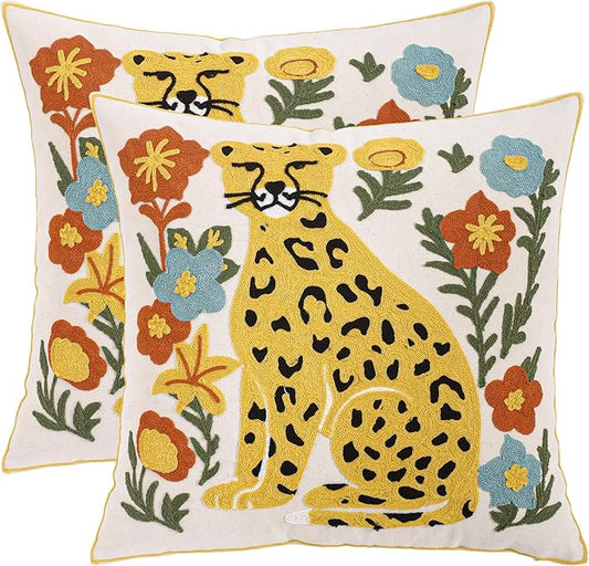 Embroidered Throw Pillow Covers 18x18 Pack of 2 Yellow Leopard Pillow Covers Green Leaves with Floral Pillowcases Boho Pillow Cushion Cases Square Flower Pillowcase Summer Home Decor