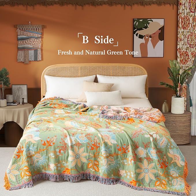 Phuryllic Boho Throw Blanket Throw Size, Soft Cozy Cotton Muslin Quilt Blanket for Bed Decor, Bird Patterned Couch Sofa Chair Cover, Vintage Farmhouse Cottage Tapestry Woven Blanket, Coral&Green