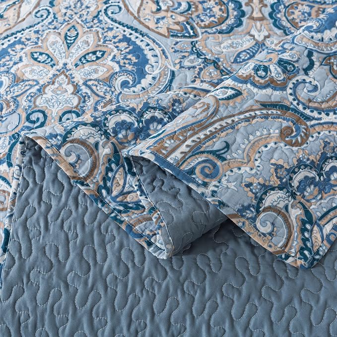 NEWLAKE Cotton Bedspread Quilt Sets-Reversible Patchwork Coverlet Set, European Grey Floral Pattern, King Size