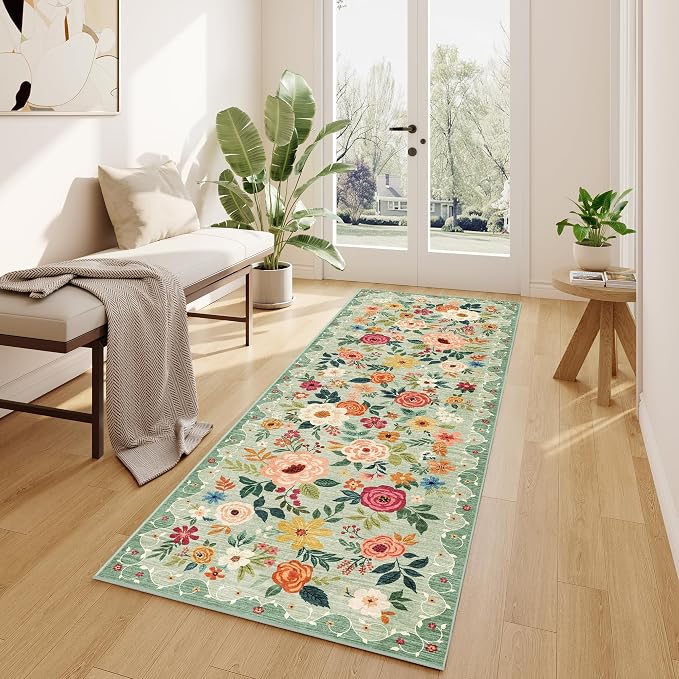 DUKINO 2.6x8 Runner Rug, Washable Runner Rug for Hallway Non Slip, Green | Low Pile, Soft, Floral Indoor Rug for Kitchen, Entryway, Bedroom, Bathroom, Pet Friendly, Stain Resistant, Modern Home Decor