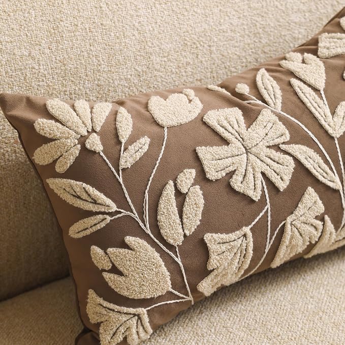 BlissBlush 20x20 Throw Pillow Cover, Square Brown Decorative Cushion Cover for Couch Sofa, Embroidered Velvet Farmhouse Accent Pillowcase (Cover Only)