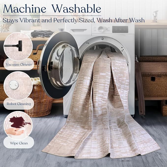 Machine Washable Area Rug, Soft & Durable, Non-Slip, Stain Resistant Rug for Bedroom, Living Room, Dining Room, High Traffic Areas. (Beige, 2.5' X 10')