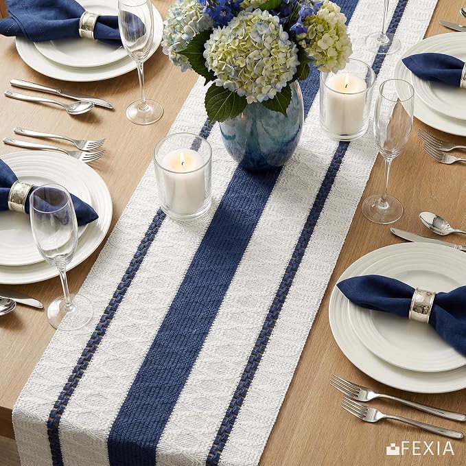 FEXIA Boho Table Runner with Tassels for Fall Home Decor 12x72 Blue Decor | 72 Inches Long Farmhouse Rustic Burlap Table Decoration for Living Room Dining Room Autumn Decor Centerpieces for Tables