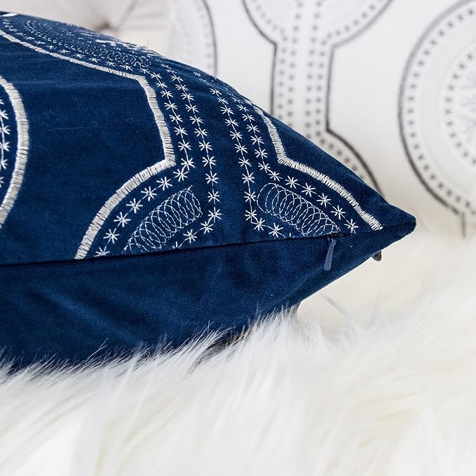 Embroidery Blue Velvet Throw Pillow Cover, Merry Christmas Series Snowflake Drop Luxury Soft Fuzzy Cozy Warm Slik Gift Square Couch Cushion Pillow Case 20 x 20 Inch, Cover Only