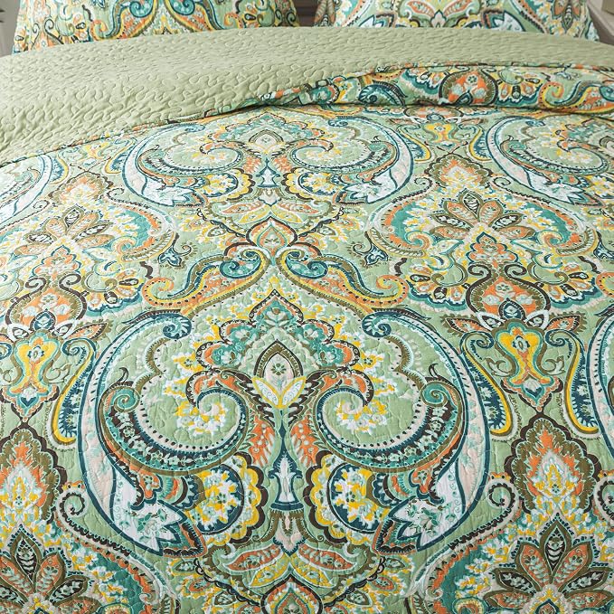 NEWLAKE Cotton Bedspread Quilt Sets - Reversible Patchwork Coverlet Set, European Green Floral Pattern, California King Size