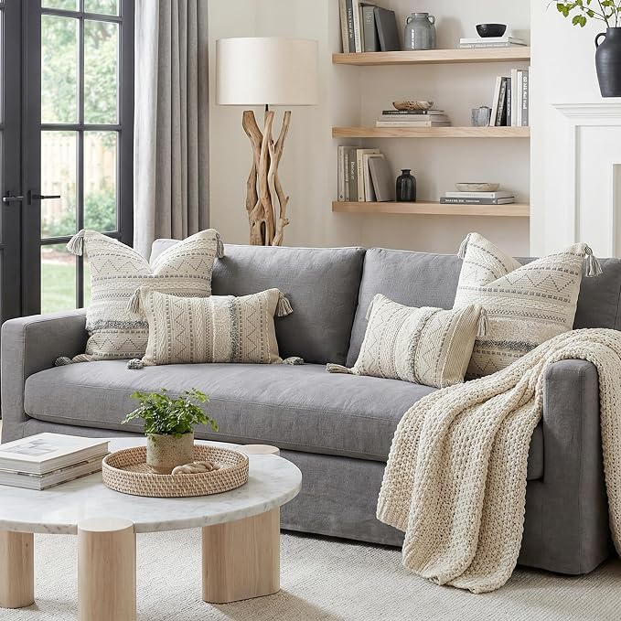 BlissBlush Gray Decorative Throw Pillow Covers 20x20 Combo Set of 2 Square Boho Neutral Grey Accent Pillowcase Tassels Farmhouse Cushion for Couch Sofa Bedroom Living Room Home Décor Cover ONLY