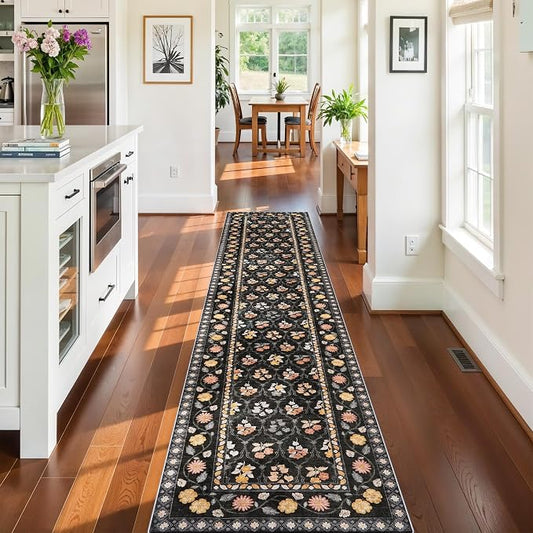 Washable Kitchen 2x10 Runner Rug: Non-Slip Long Hallway Entryway Rugs Indoor Low Pile Carpet for Bedroom Laundry Stain Resistant Vintage Soft Thin Floor Decor Mat for Bathroom (Floral/Black,2x10)