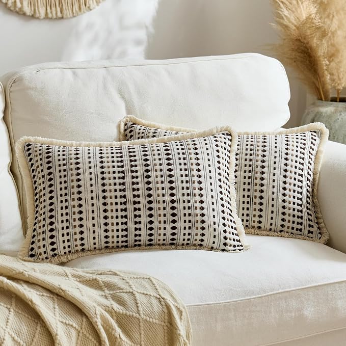 Embroidered Throw Pillow Cover Set of 2, Spring Summer Boho Farmhouse Decorative Pillow Case with Tassels, Textured Cushion Cases for Sofa Living Room Home Decor (Dark Brown, 12" x 20")