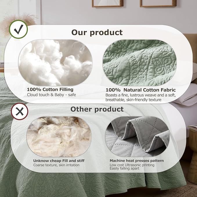 PALASSIO Sage Green Paisley 100% Cotton Quilt King Size Bedding Sets with 2 Pillow Shams, Boho Floral Lightweight Farmhouse Country Vintage Soft Bedspread Shabby Chic Coverlet for All Season, 3 Pieces