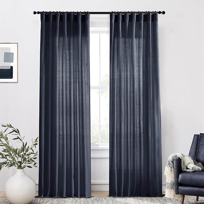 XTMYI Navy Blue Curtains 84 Inch Lengh,Linen Sheer Back Tab Hooks Pleated Light Filtering Dark Blue Kids Curtains for Boys Bedroom Living Room 2 Panel Set,Midnight/Indigo