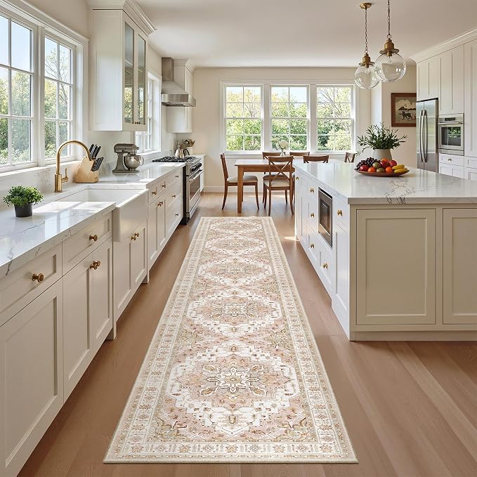 Madane Washable Runner Rugs 2x12 Long for Hallway Kitchen Soft, Pink | Non-Slip Vintage Printed 12ft Rug Runners with Rubber Backing, Low-Pile Floor Carpet Laundry Room Entryway, Corridor