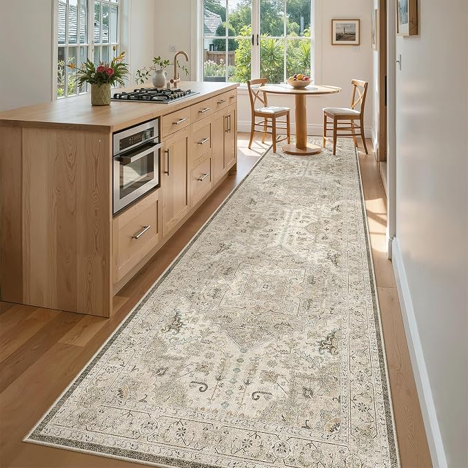 Madane Hallway Runner Rug 3x12 Washable Kitchen Runners 12ft, Ivory/Brown | Vintage Non Slip Area Rugs for Hallways, Soft Low-Pile Thin Farmhouse Wide Floor Carpet for Entryway Foyer Bathroom Bedroom