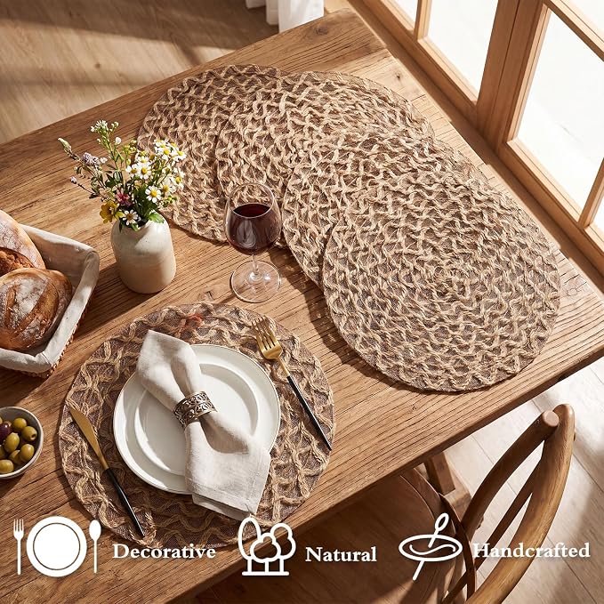 24 Pcs 13 Inch Round Natural Burlap Placemat Boho Jute Woven Charger Bulk Rustic Vintage Brown Heat Resistant Dining Table Mat for Wedding Farmhouse Kitchen Easter Summer Decoration