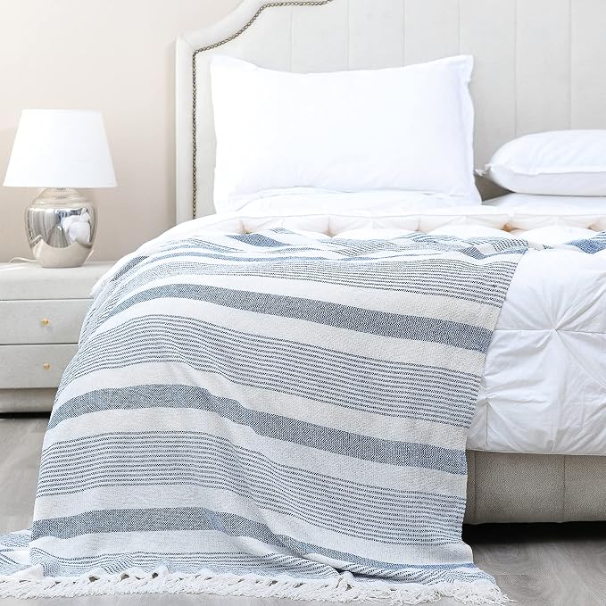 Decorative Blue White Striped Throw with Fringe, Soft Chenille Knitted Farmhouse Lightweight Blanket with Tassels for Couch Sofa Chair Bed Office Home Décor, Blue and Ivory, 60" x 80"