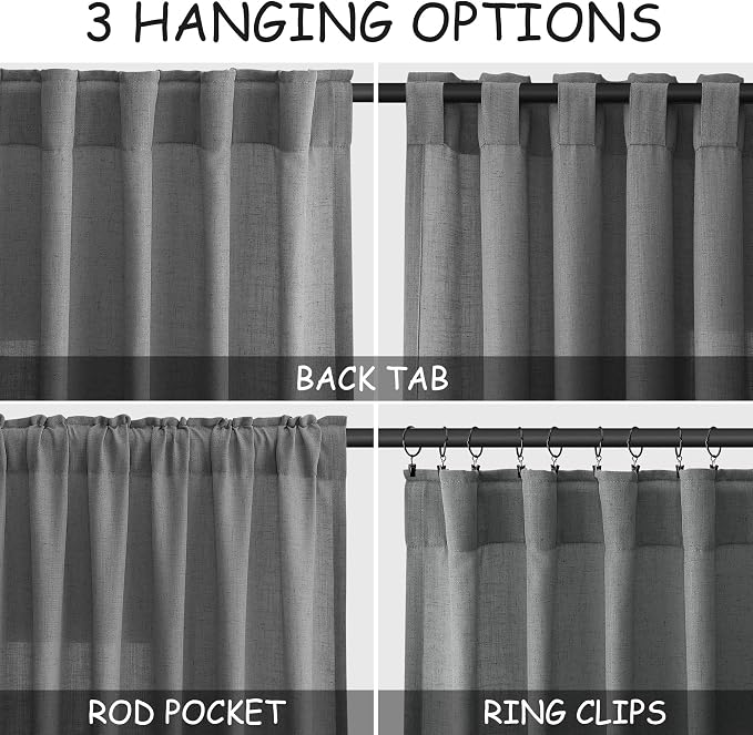Extra Long Dark Grey Linen Curtains 120 Inches for Living Room Back Tab Light Filtering Semi Sheer Drapes Modern Farmhouse Elegant Textured Curtain for Floor to Ceiling High Window 52x120 10 Ft.
