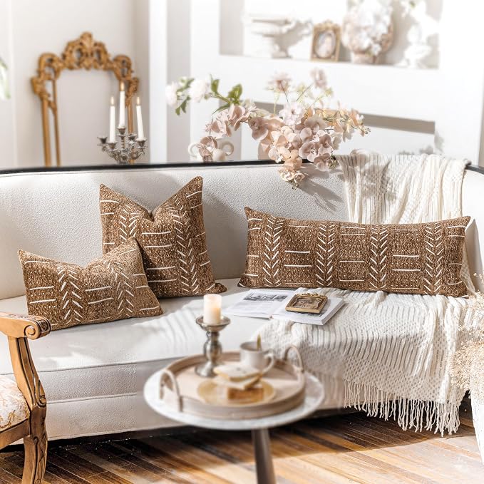 BlissBlush Decorative Throw Pillow Covers 20X20 Set of 2, Brown Boho Farmhouse Cushion Cover, Cozy Soft Accent Pillowcase for Couch Sofa Bed Living Room Home Décor