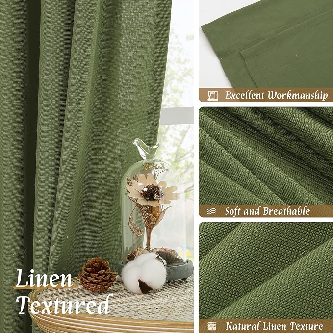 Olive Green Semi Sheer Linen Curtains 72 Inch Length for Living Room | Light Filtering, Faux Linen Textured, Neutral, Christmas Panels for Farmhouse, Bedroom, Rod Pocket, 2 Panels, 52 x 72 Inch