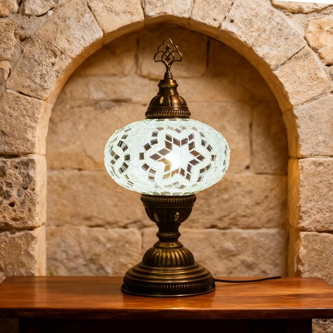 Turkish Lamp, Mosaic Table Lamp, Antique Moroccan Decorative Glass Bohemian Vintage Lamp Shade, Small Desk Tiffany Bedside Stained Glass Lamp with US Plug and E12 Socket