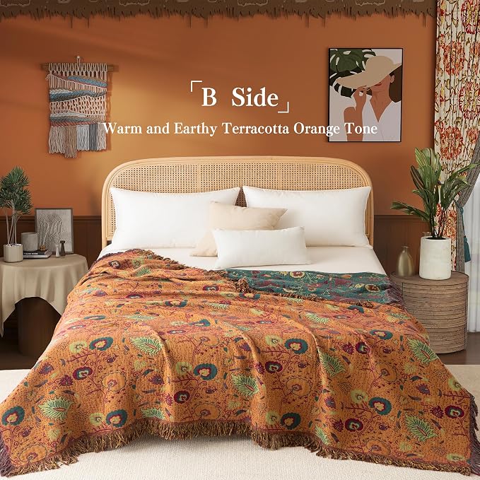 Phuryllic Boho Throw Blanket Full Size, Extra Large Soft Cozy Cotton Muslin Quilt Blanket for Bed Decor, Floral Patterned Couch Sofa Chair Cover, Vintage Farmhouse Cottage Woven Blanket, Green&Orange
