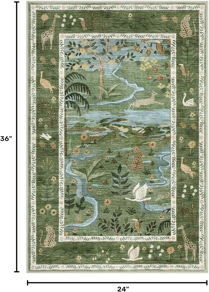 2x3 Washable Area Rug for Entryway Non Slip Safari Nursery Rug Green Kids Room Rugs Low Pile Stain Resistant Jungle Animal Print Rugs Small Throw Mat for Living Room Bedroom Girls Room, Green