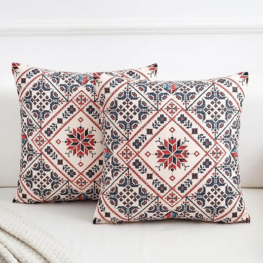Boho Throw Pillow Covers 18x18 Set of 2 Red Blue Rustic Geometric Decorative Cushion Covers with Hidden Zipper, Soft Polyester Double Sided Machine Washable, No Insert