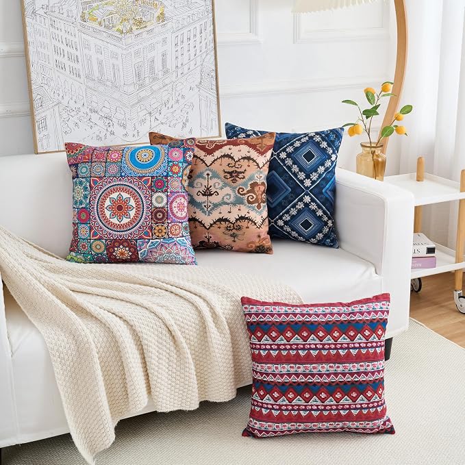 Couch Bohemian Patterned Throw Pillow Covers 18X18 Inch Set of 4 Square Farmhouse Decorative Cushion Covers Boho Vintage Pillow Cases for Sofa Living Room Bedroom Outdoor Patio Porch