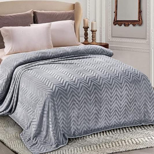 Whale Flotilla Flannel Fleece Bed Blanket Twin Size, Silver Grey | Lightweight Breathable Soft Bedspread, Plush Fluffy Coverlet Chevron Design Decorative Blanket for All Season, 60x80 Inch