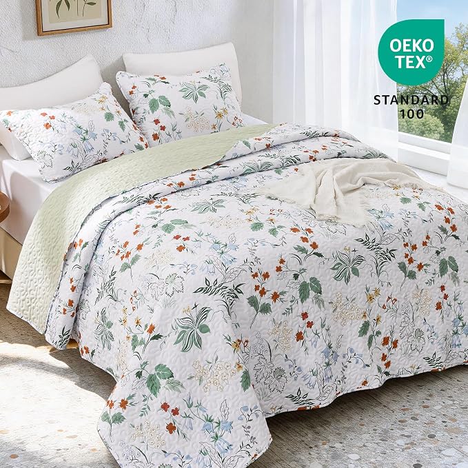 EXQ Home Printed Quilt Set Full Queen Size Green Leaves Bedspread Set | Bedding Set For All Season Use, Soft & Breathable Coverlet,3-Piece Set Includes 2 Shams, Machine Washable