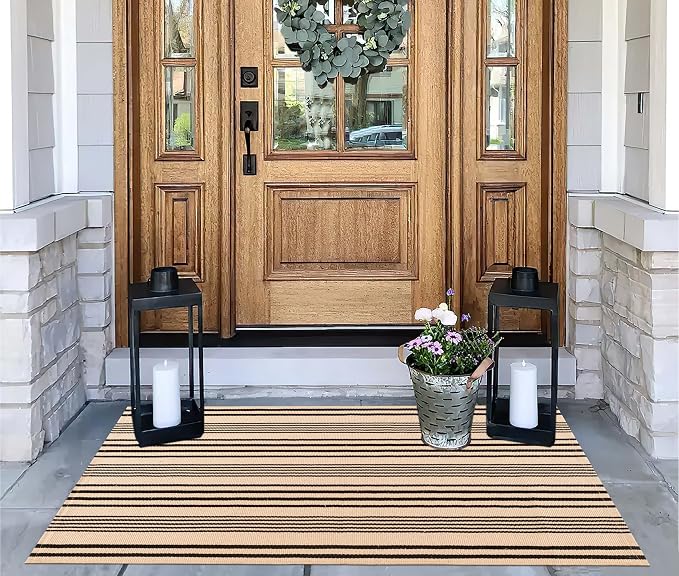 Black Khaki Striped Rug -2.3'x3.6' Front Door Rugs Outdoor, Small Washable Area Rug for Front Porch, Spring Summer Welcome Mats Outdoor Indoor, Doormat for Entryway Porch Entrance