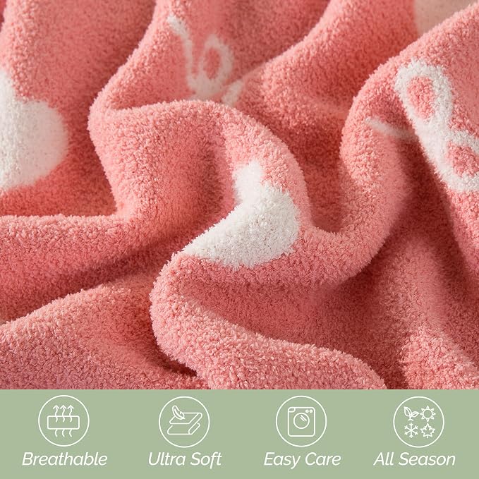 Elegant Comfort Premium Valentine's Day Throw Blanket - Ultra Soft and Lightweight, Luxury Knitted Breathable Love Pink Hearts Warm and Cozy Valentine Decor Blankets, 50 x 70 Inch, Hearts and Bows