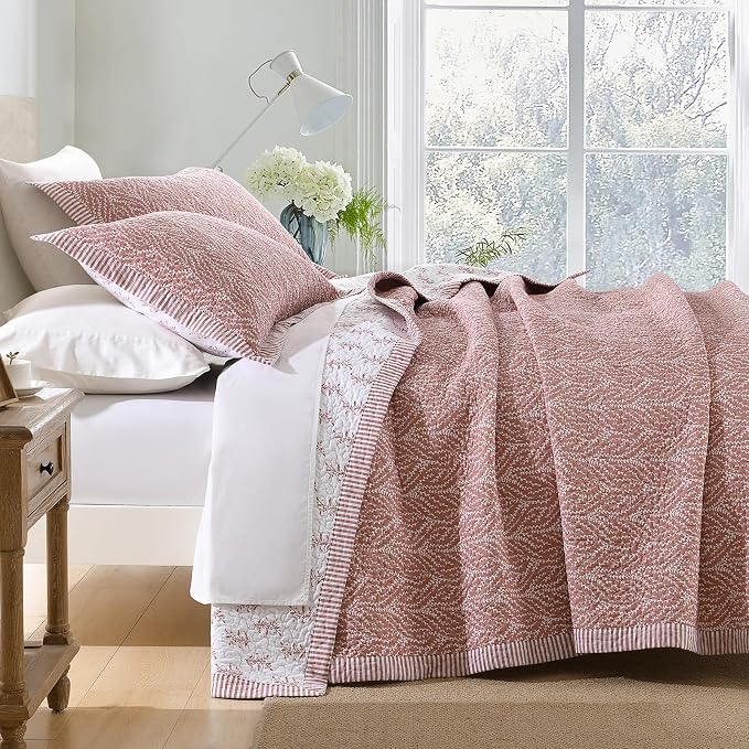 SahSahCasa Quilt Set King Size, 100% Cotton Quilt Bedding Set Bedspread, Botanical Pattern Solid Color Chic Lightweight Quilted Comforter for King Bed, White/Old Rose, All Season, 3 Pieces