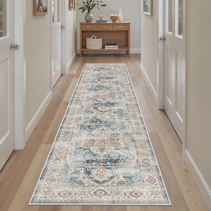 Madane Hallway Runner Rug 2x8 Washable Kitchen Rugs Non-Slip, Navy | Vintage Machine Washable Low-Pile Floor Carpet 8ft, Soft Ultra-Thin Throw Entry Foyer Mat for Entrance Laundry Living Room