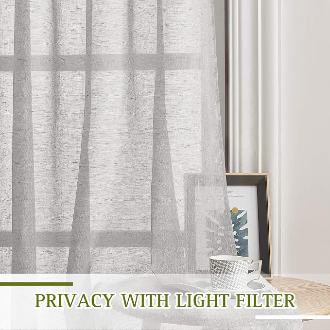 NICETOWN Grommet Sheer Curtains Natural Linen Blend Texture, Privacy with Enough Light Through Semitransparent Sheer Drapes for Children Room and Bedroom, 52W x 96L, Grey, 2 Pieces
