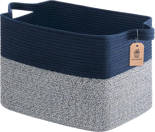 Goodpick 50L Large Woven Storage Basket, 18" x 14" x 12", Blue | Stylish Gift Basket for Home Decor, Cotton Rope Baskets for Blankets & Toys Storage, Living Room & Bedroom Organization