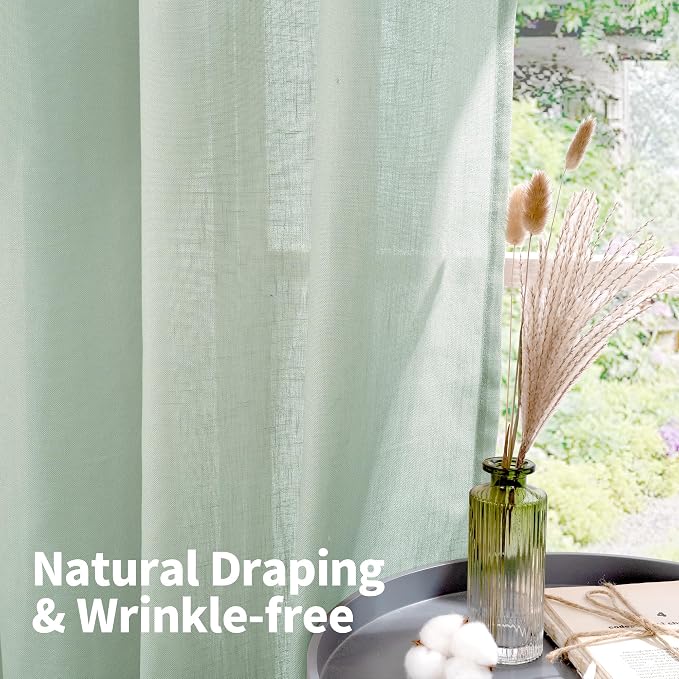 YoungsTex Short Linen Sheer Curtains 54 Inch Length for Window, Light Sage Green Textured Drapes Light Filtering for Bedroom Kitchen Bathroom Lightweight Grommet, 2 Panels, 52 X 54 Inch