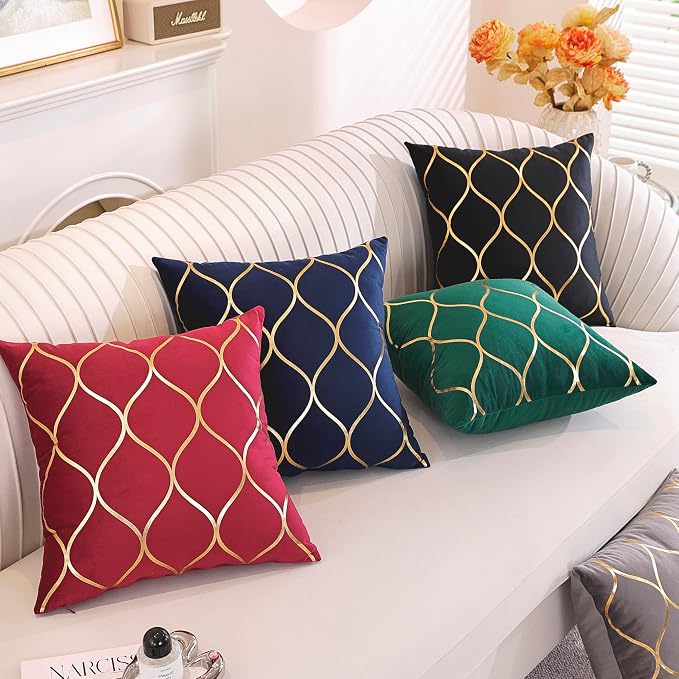 Gyulin Pack of 4 Gold Velvet Throw Pillow Covers 18x18 Inches Solid Square Pillow Covers Geometric Cushion Covers for Couch Sofa Home Bedroom Decor, Christmas Green