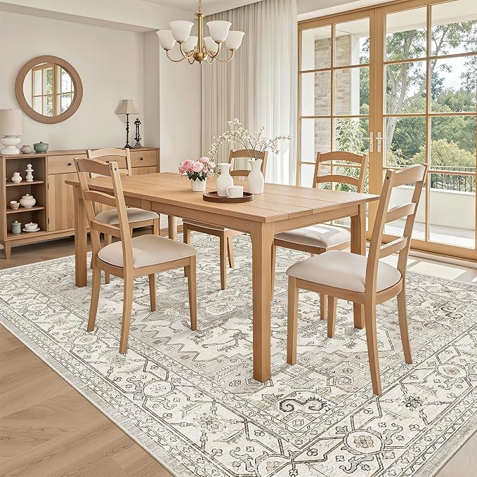 Madane 5x7 Area Rugs for Living Room, Non-Slip Washable Rug, Beige/Brown | Ultra-Thin Stain Resistant Vintage Large 5'X7' Carpet, Soft Low Pile Floor Mat For Bedroom Dining Room Office Home Decor