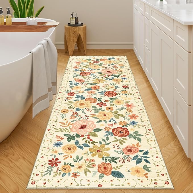 DUKINO 2x10 Runner Rug, Washable Kitchen Runner Rug Non Slip, Beige Yellow | Soft, Low Pile, Floral Indoor Rug Runner for Hallway, Entryway, Bedroom, Bathroom, Pet Friendly, Home Decor, Stain Resistant