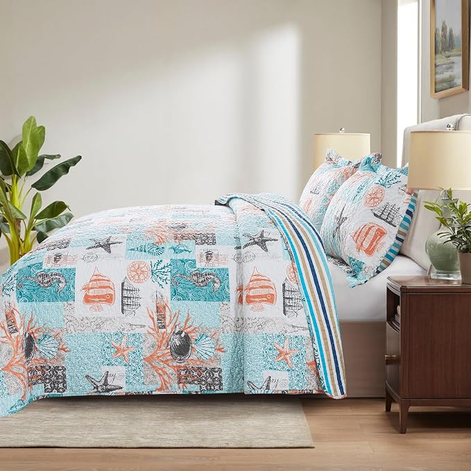 NEWLAKE Quilt Bedspread Sets - West Coastal Pattern Reversible Coverlet Set, Queen Size