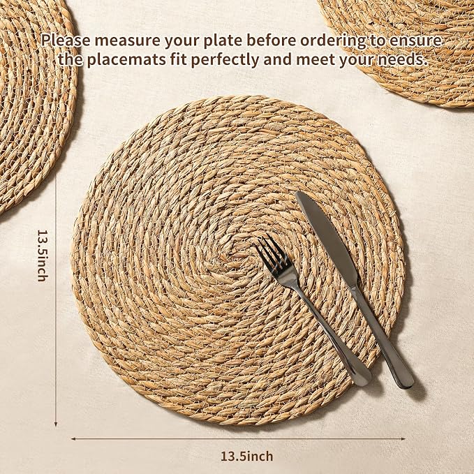 13.8'' Round Woven Placemats Set of 60, Boho Wicker Chargers, Terrekraft | Handmade from Natural Water Hyacinth, Heat-resistant & Non-slip Rattan Chargers, Rustic Farmhouse Decor, Party & Wedding Use