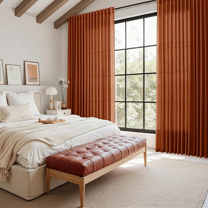 Extra Wide Terracotta Curtains for Living Room 102 Inches Long Back Tab and Rod Pocket Linen Semi Sheer Farmhouse Boho Floor to Ceiling Curtain for Bedroom Office Luxury 100x102, 2 Panels