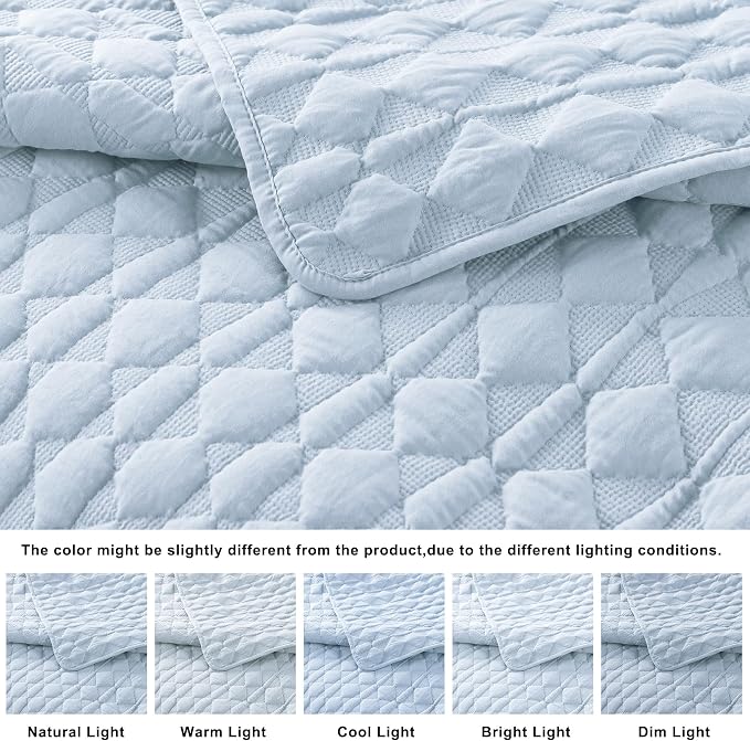 WDCOZY Light Blue Quilts Queen Size Bedding Set with 2 Pillow Shams, Lightweight Soft Full Bedspread Coverlet, Thin Comforter Bed Cover for All Season, 3 Pieces, 90x90 inches