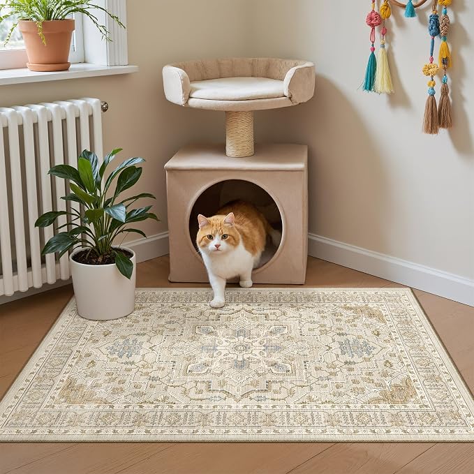 Madane Washable Area Rug 2x3 Small Entryway Rugs Non-Slip, Beige/Blue | Vintage Stain-Resistant Door Mat Indoor Entrance, Low Pile Floor Carpet for Inside Front Bedroom Kitchen Entry Laundry, Stair