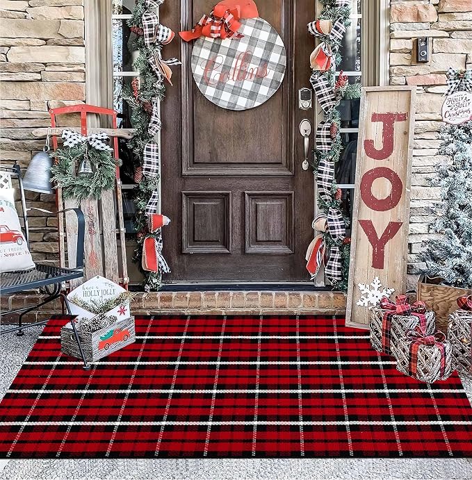 Christmas Outdoor Rugs 24 x 51''Black Red Buffalo Plaid Front Porch Rug Hand-Woven Machine Washable Indoor/Outdoor Layered Door Mats for Entryway/Bedroom/Outdoor