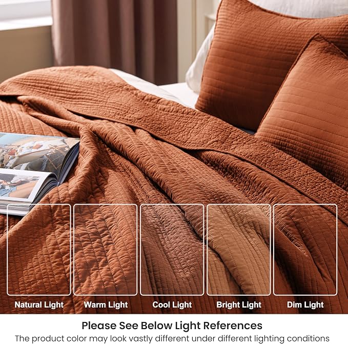Love's cabin King Size Cotton Quilt Set, 100% Cotton Fabric Striped Textured Coverlet with Crinkled Look, Lightweight Quilted Bedspread for All Season, Includes 2 Pillow Shams, Umber