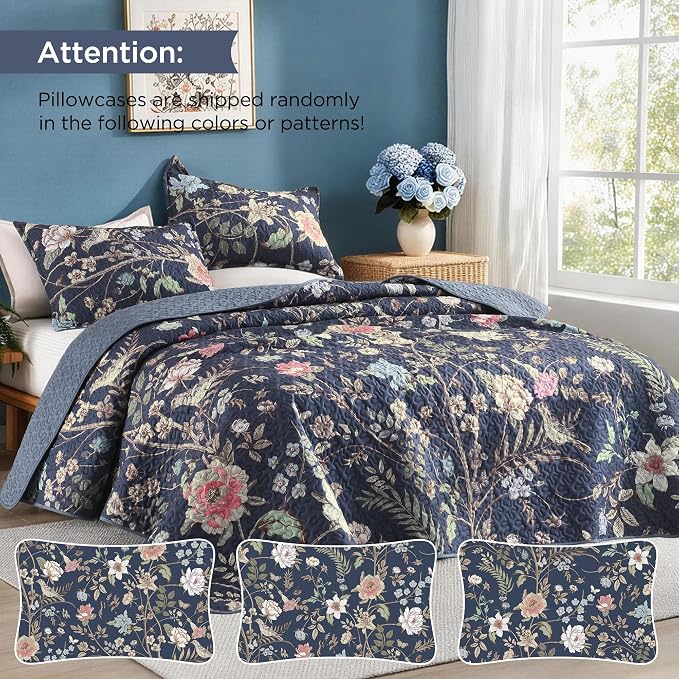 Litanika Floral Ocean Blue Quilt - 3Pcs Botanical Birds Pattren Bed | Super King Bedspread Summer Lightweight Soft Coverlet with Pink Flower for All Seasons (120"x120")