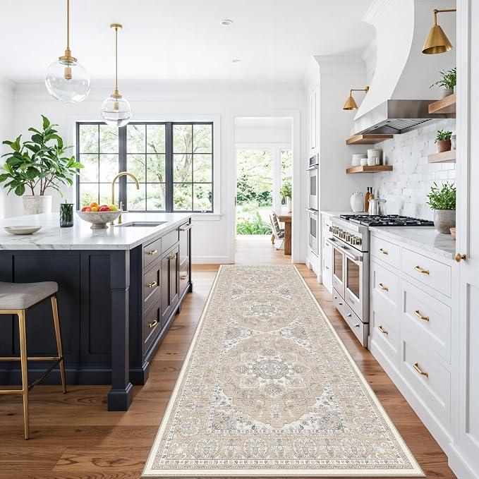 4x12ft Wide Washable Hallway Runners - Non-Slip Vintage Kitchen Rugs with Rubber Backing Stain Resistant Carpet for Dining Room Soft Thin Indoor Floor Mat for Living Room Bedroom (Beige/Cream,4x12)