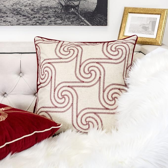 Embroidery Linen Throw Pillow Cover, Merry Christmas Series Holiday Flow Luxury Soft Fuzzy Cozy Warm Slik Gift Square Couch Cushion Pillow Case 20 x 20 Inch, Cover Only